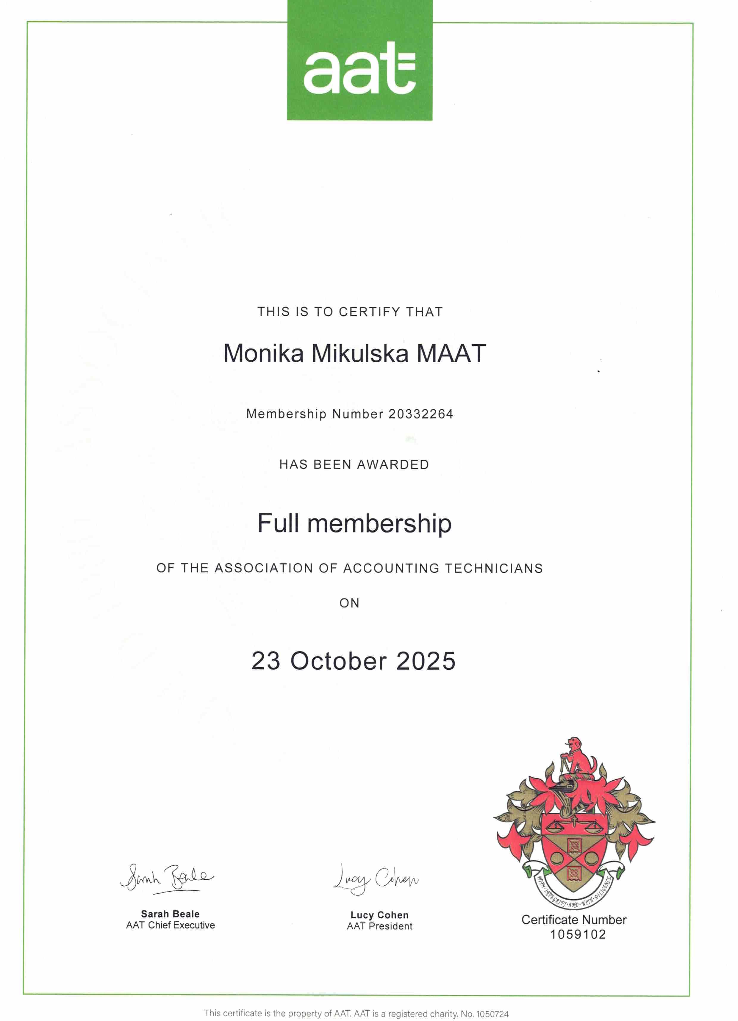 AAT full membership certificate for Monika Mikulska MAAT, membership number 20332264.