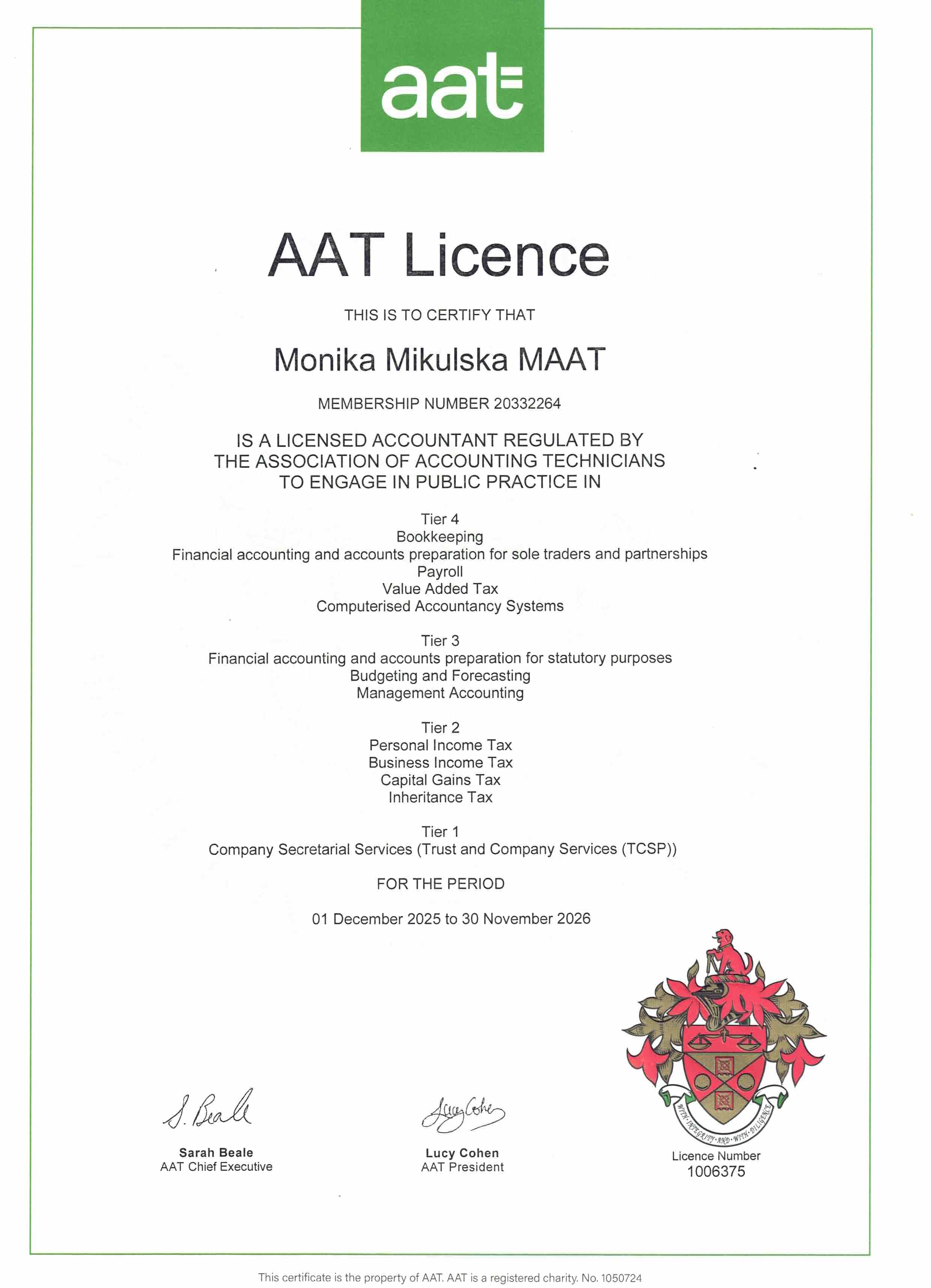 AAT licence certificate for Monika Mikulska MAAT, licence number 1006375.